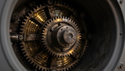 Close up view of heavy industrial metal gears with oil lubrication inside a machine