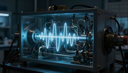 Intricate scientific device with glowing blue waveform inside a glass casing