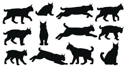 Multiple bobcat silhouettes in various dynamic poses a striking image silhouette © Full