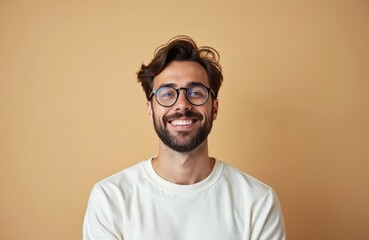 Fototapeta premium Man wears glasses smiling widely with white jumper. Handsome guy has brown hair and beard, looking happy. Isolated person feels good, friendly mood.