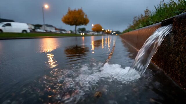 Water cascading from a drain into a flooded street at dusk, reflecting lights