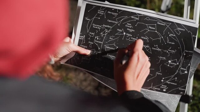 closeup star chart held outdoors by astronomer marking constellations with pen near telescope tripod, autumn grass background, hands tracing celestial patterns, tactile mapping, night preparation,