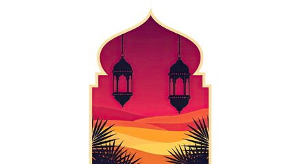 Pixel Art Desert Landscape With Arabian Archway And Hanging Lanterns At Sunset