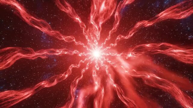 Vibrant red cosmic explosion in space with glowing tendrils and stars