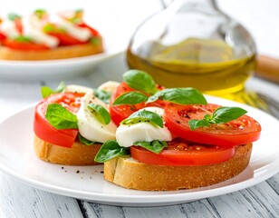 Bruschetta bites. Tomatoes, mozzarella, basil sit on crusty bread. Olive oil bottle blurred behind