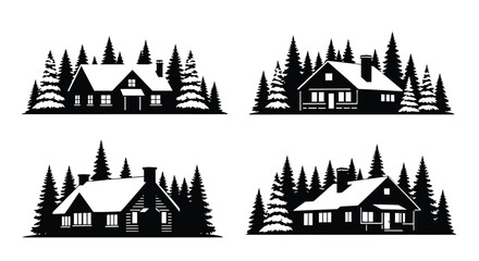 Charming cabin houses nestled amidst evergreen trees a striking silhouette © Full
