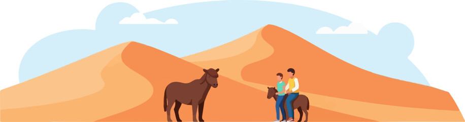 Fototapeta premium People riding horses through rolling sand dunes under a sky with clouds