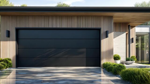 Modern minimalist garage with wood paneling, dark door, and lush landscaping