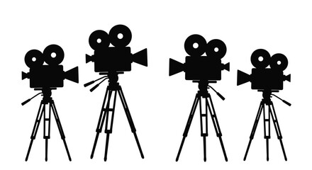 Four vintage film cameras on tripods a striking black silhouette © Full