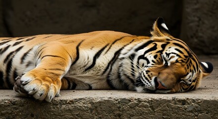 Close-up of a majestic tiger resting peacefully, showcasing its beautiful fur and stripes