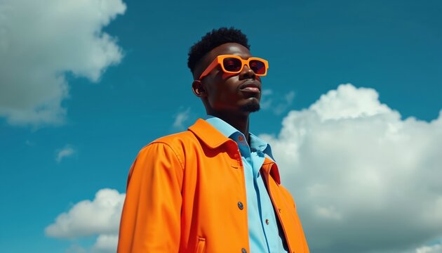 Young Black man model wears orange jacket and sunglasses against blue sky with clouds. He poses with confident attitude for fashion editorial. Modern haute couture style.