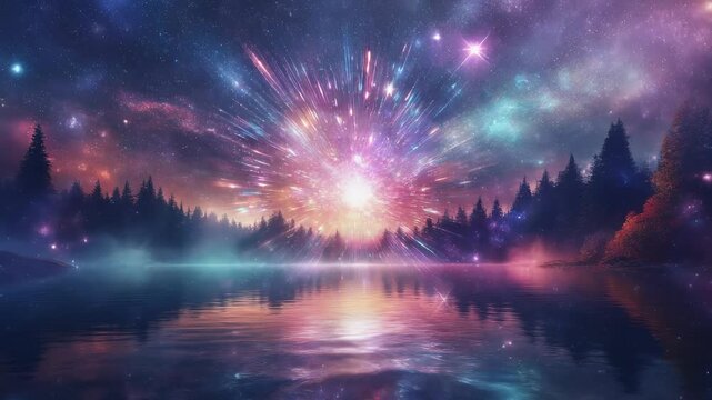 stunning cosmic starburst bursting across a starry night sky over a peaceful lake, radiant n