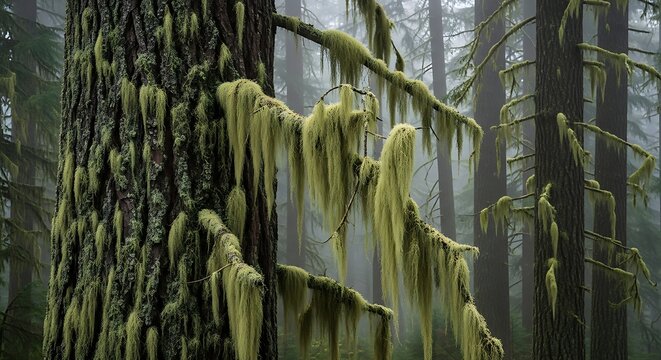 Detailed Sitka Spruce bark covered in moss and old man's beard lichen.