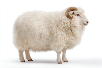 Sheep ram livestock wool farm fluffy white animal horn mammal calm fluffy white ram sheep with thick wool coat standing studio profile view white