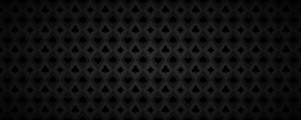 Naklejka premium Dark grey playing cards pattern background. Retro poker or casino table theme wallpaper. Black colored vintage spades, hearts, diamonds, clubs symbols backdrop. Vegas gambling concept texture. Vector