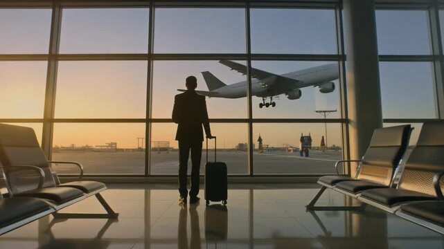 Man with Suitcase Watching Airplane Take Off from Airport Window at Sunset quiet standing