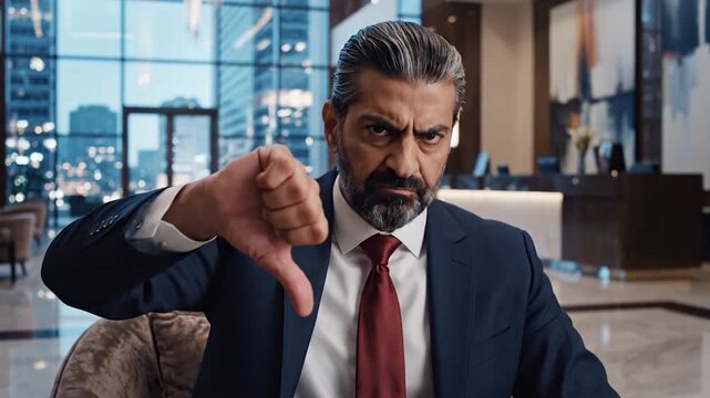 Angry businessman in suit gives a thumbs down