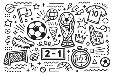 A World Cup inspired vector background showcases strong outlines of soccer balls, goal nets, players, and scoreboards, expressing worldwide enthusiasm, competition spirit, and unforgettable match. © primus