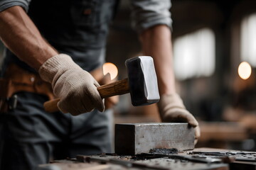Blacksmith shaping metal with hammer in workshop environment  