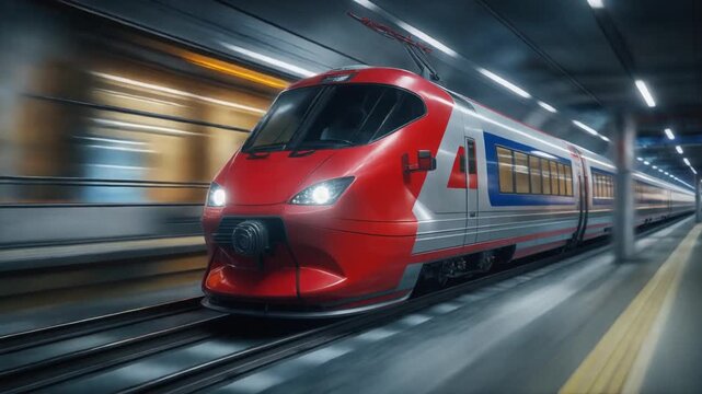 Red and silver high-speed passenger train accelerating through a modern subway tunnel with motion blur