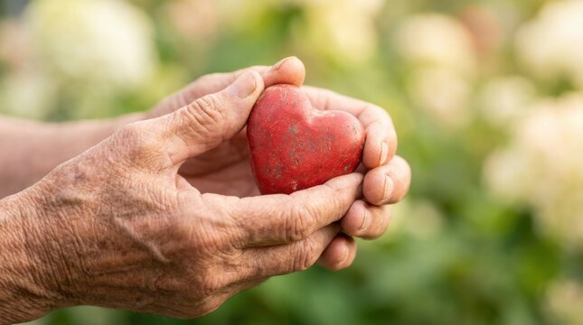 Wrinkled hands of an older person carefully hold a rustic red heart shaped object Soft outdoor setting