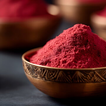Red spice powder in decorative bowl on dark background  