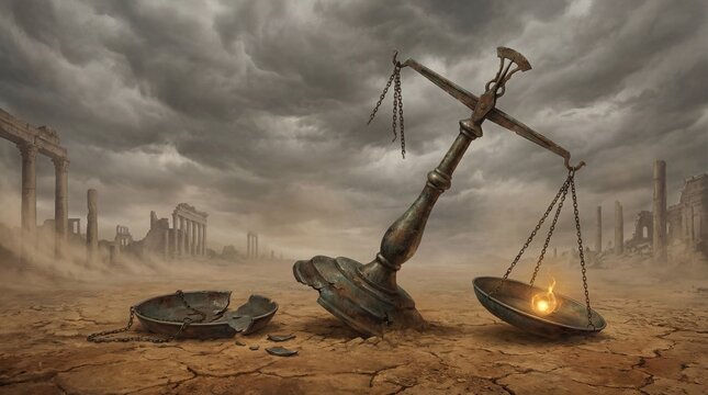 Symbolic illustration of injustice featuring a fallen scale in a barren desert
