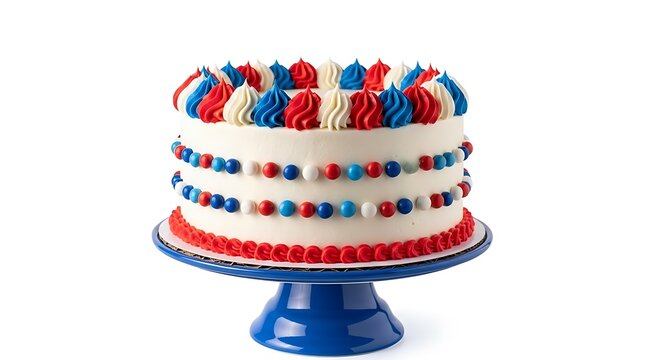 A white frosted cake with red white and blue decorations isolated on white background