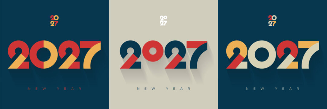 2027 New Year Modern Typography Design Set with Retro Colors and Long Shadow Style