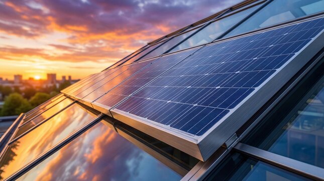 Modern solar energy panels jo ek glass ki chat par lage hain, piche sunset ka khoobsurat manzar hai