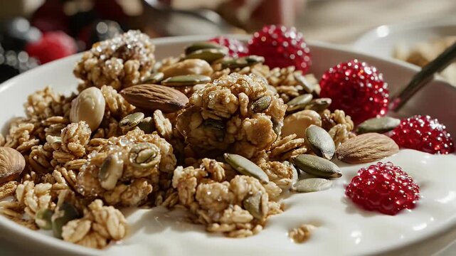 A bowl of crunchy granola with berries and almonds