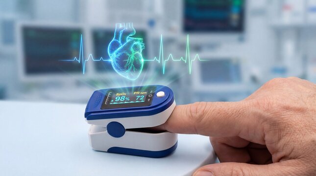 Pulse Oximeter Monitoring Heart Health with Digital Hologram and ECG Waveform in Medical Setting