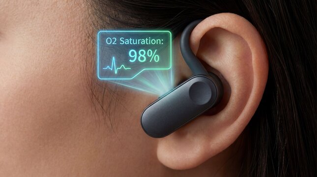 Smart Earbud with Holographic O2 Saturation Display on Ear, Wearable Health Technology Concept