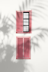 Retro Windows with pink closed Shutters Jalousie on light pink background with palm tree shadow, Window frame as pattern on outdoor wall building. Minimal design abstract. Summer, travel concept
