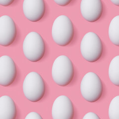 White chicken eggs as geometric pattern on pastel pink background. Minimalist composition pattern, modern design aesthetic food, contemporary still life in minimal style, healthy protein product.