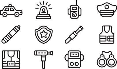 Police Line Icons Set Patrol Car, Siren, Walkie Talkie, Badge, Baton, Body Cam, Vest, Cap, Radar Gun, CCTV, Radio, Handcuffs © Stock