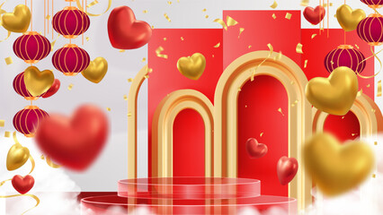 Podium scene perfectly blending Chinese New Year traditions with romantic Valentine's Day aesthetics. It features a tiered red product stage framed