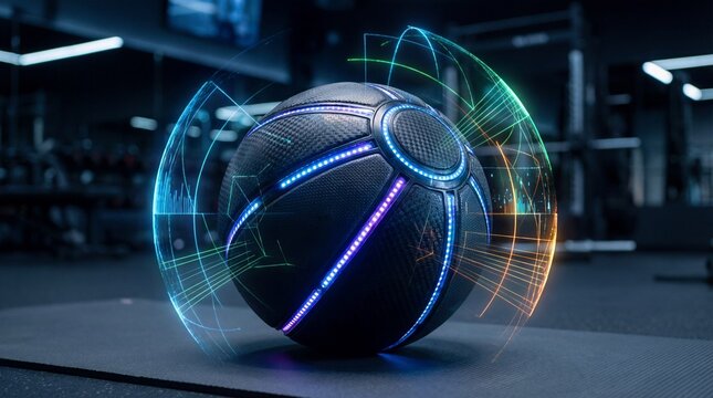 Futuristic glowing medicine ball with digital data overlay in a modern gym
