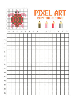Copy the picture grid drawing worksheet for kids. Pixel art turtle