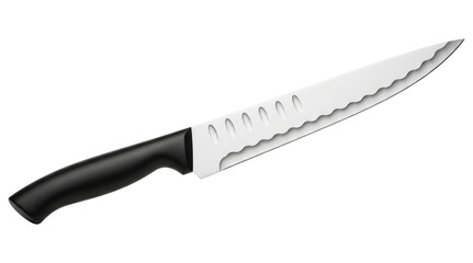Obraz premium Stainless steel kitchen knife with black handle and serrated blade on a transparent background