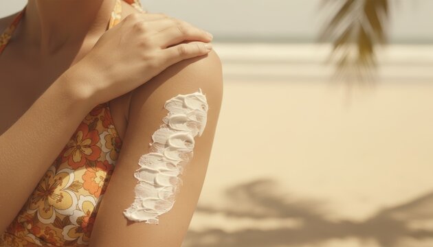 Close up of a person's arm wearing a floral swimsuit with white sunscreen lotion applied on skin at a sunny beach