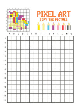 Copy the picture grid drawing worksheet for kids. Pixel art fantasy pony