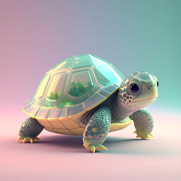 Cute cartoon turtle with glass shell, walking on pastel background, studio lighting, stock photo