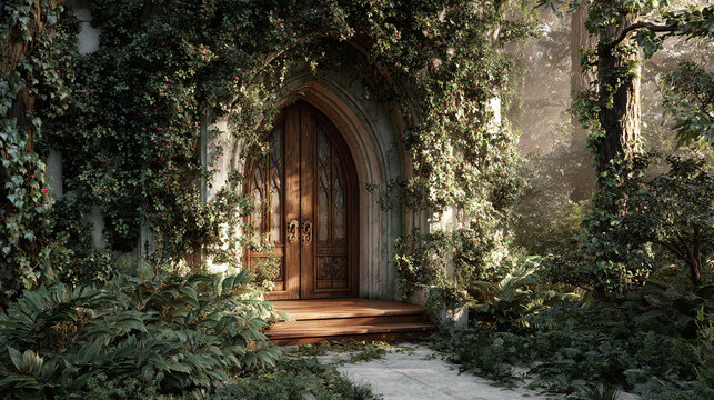 A wooden door surrounded by lush greenery and stone pathway. The scene evokes a sense of mystery and tranquility