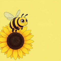 ひまわりと小さな蜜蜂の優しい水彩画