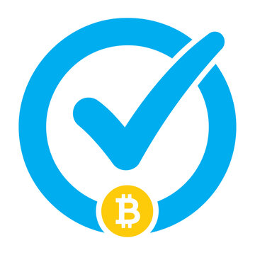 Bitcoin Logo with Checkmark Approval Symbol.