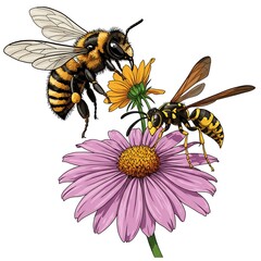 蜜蜂とスズメバチの競演：写実的イラストレーション