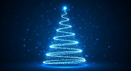 Glowing blue Christmas tree made of sparkling particles and light streaks against a dark, starry background