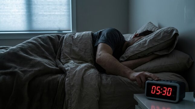 Early morning scene with a person sleeping in bed hand reaching to turn off a digital alarm clock showing 05 30