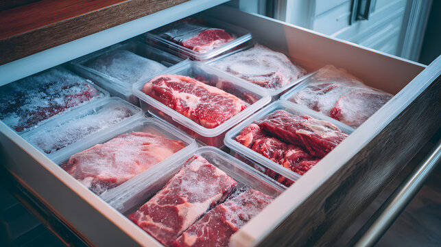 A freezer drawer filled with frozen meat
